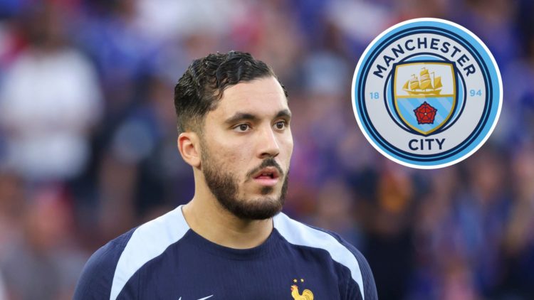 Image of Rayan Cherki of France warming up with inset of a detailed view of the Manchester City badge