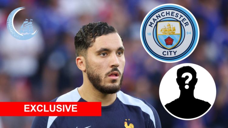 Image of Rayan Cherki of France with insets of Manchester City badge and mystery player, MCN logo and Exclusive Banner