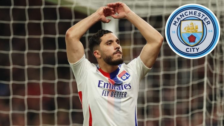 Image of Rayan Cherki of Olympique Lyonnais encouraging the crowd with inset of Manchester City badge