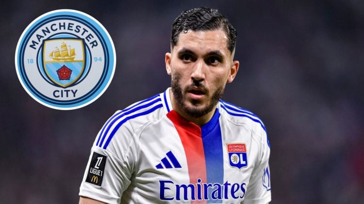 Image of Rayan Cherki of Lyon looking on during the Ligue 1 McDonald's match between Olympique Lyonnais and Lille with inset of Manchester City badge