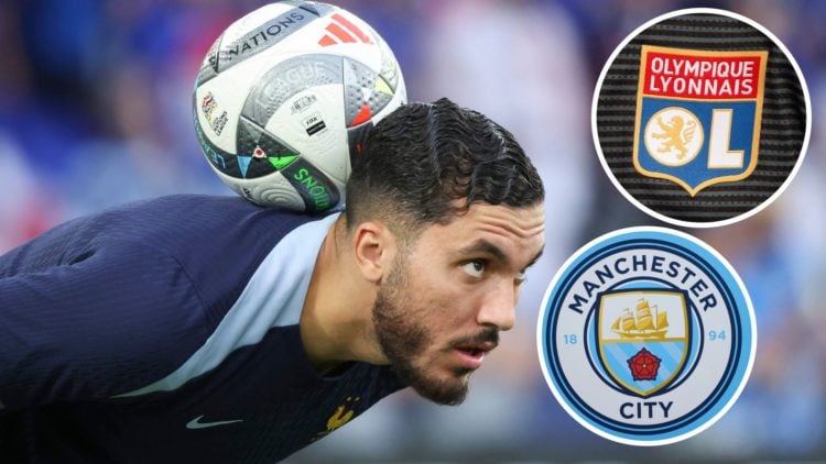 Image of Rayan Cherki of France warms up before the UEFA Nations League with insets of Olympique Lyonnais club crest and Manchester City badge