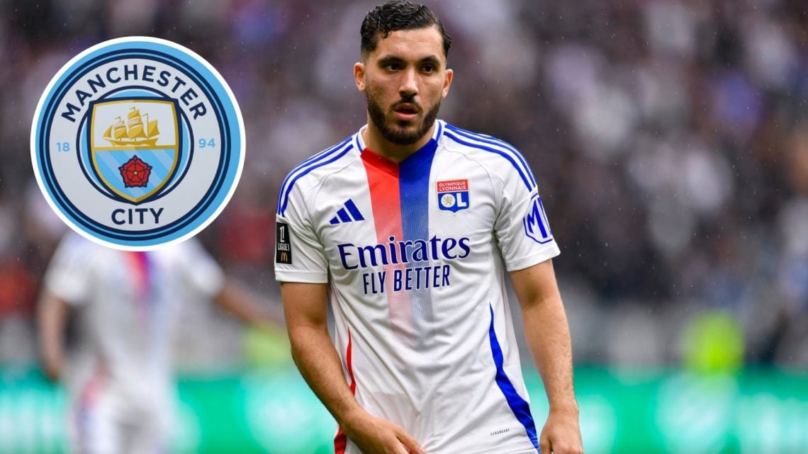 Image of Rayan Cherki during the France Ligue 1 match between Olympique Lyonnais and Racing Club de Lens with inset of Manchester City badge