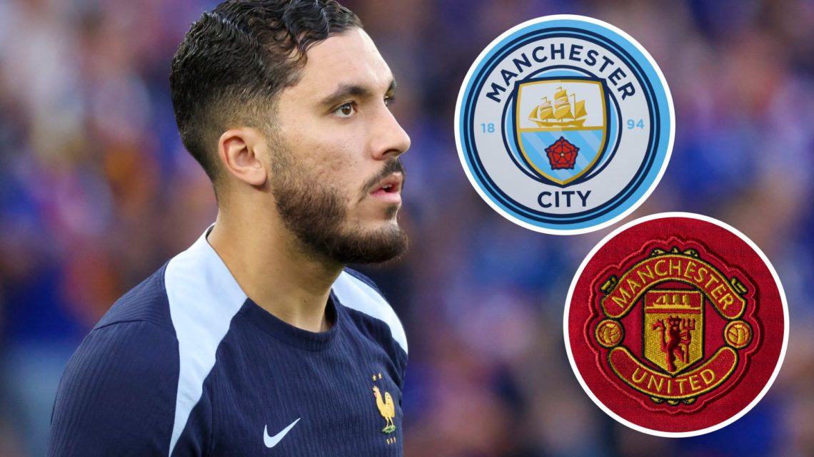Image of Rayan Cherki of France warming up with insets of Manchester City and Manchester United badges