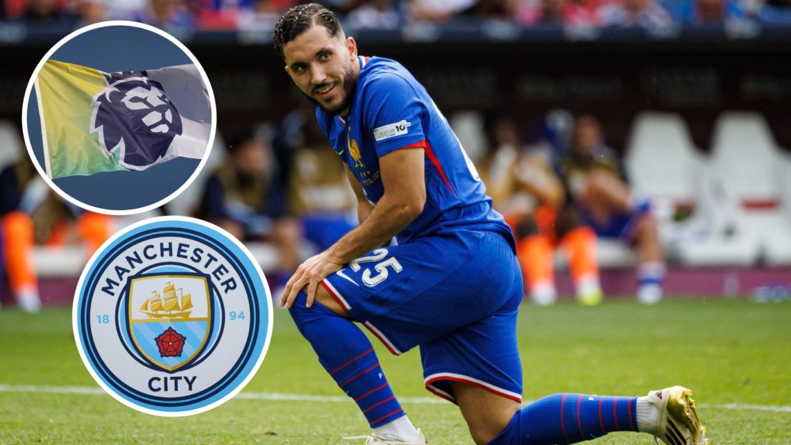 Image of Rayan Cherki of France during the UEFA Nations League 2025 third place match with insets of Manchester City and Premier League badges