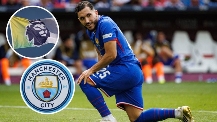 Image of Rayan Cherki of France during the UEFA Nations League 2025 third place match with insets of Manchester City and Premier League badges