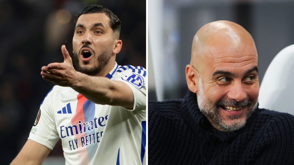Split Image of Rayan Cherki of Lyon during the UEFA Europa League and Pep Guardiola, manager of Manchester City reacting
