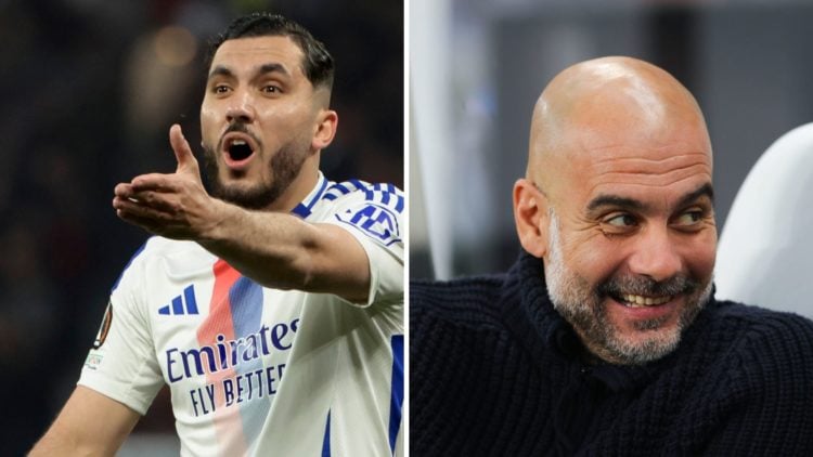 Split Image of Rayan Cherki of Lyon during the UEFA Europa League and Pep Guardiola, manager of Manchester City reacting