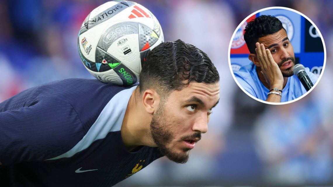 Image of Rayan Cherki of France warming up with inset of Riyad Mahrez speaking during a press conference