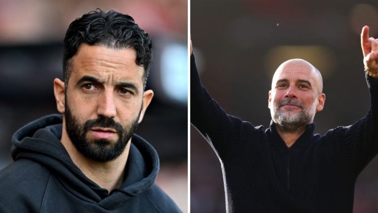 Split Image of Manchester United manager Ruben Amorim looking straight ahead (right) and Pep Guardiola of Manchester City smiling and celebrating (...