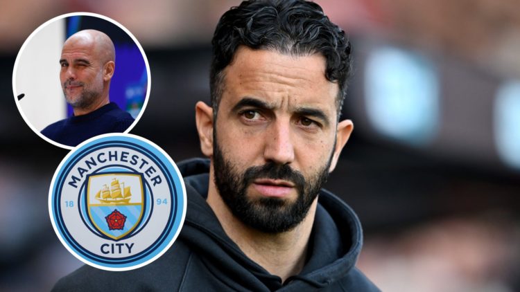 Image of Ruben Amorim, Manager of Manchester United looking on with insets of Pep Guardiola celebrating and Manchester City badge