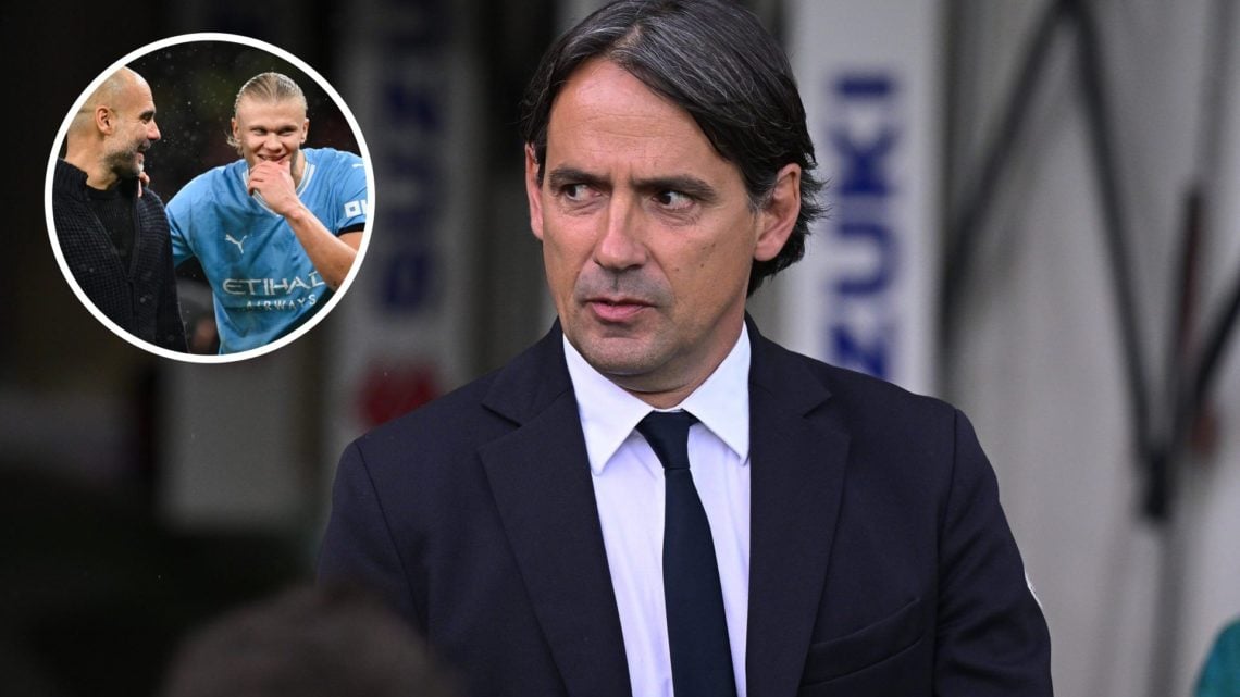 Simone Inzaghi before Inter Milan's Serie A match against Roma (main image) with inset of Pep Guardiola and Erling Haaland smiling (top left corner)