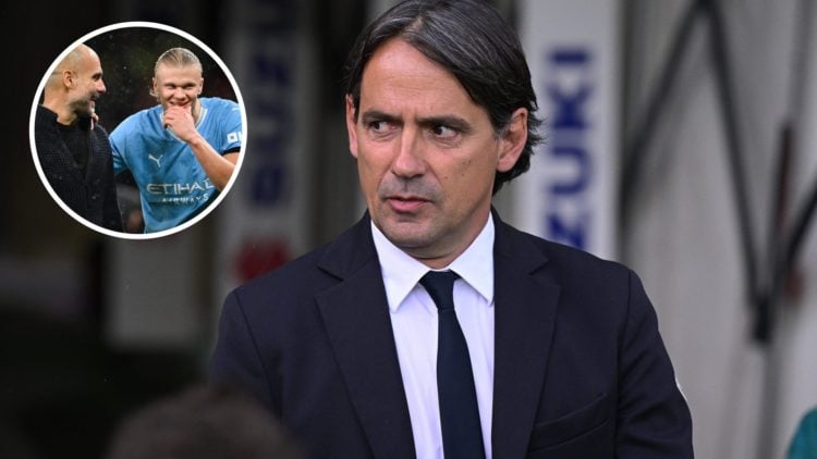 Simone Inzaghi before Inter Milan's Serie A match against Roma (main image) with inset of Pep Guardiola and Erling Haaland smiling (top left corner)
