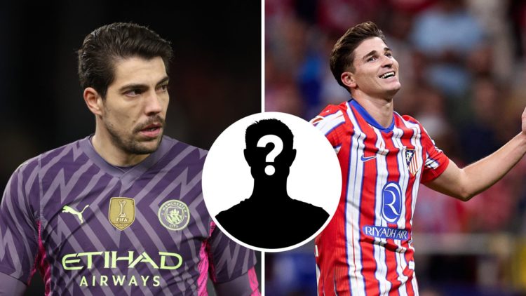 Split Image of Manchester City's Stefan Ortega looking to the left (right image) and Julian Alvarez of Atletico Madrid smiling and celebrating (lef...