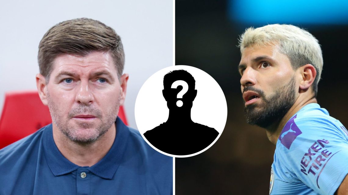 Split Image of Steven Gerrard managing Al-Ettifaq (left image) and Manchester City's Sergio Aguero looking on (right image) with mystery player inset