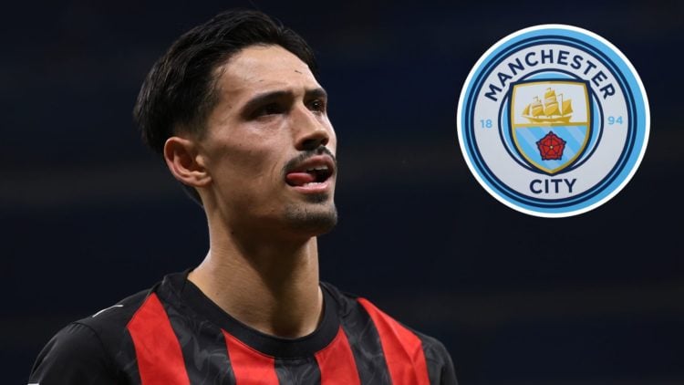 Image of Tijjani Reijnders of AC Milan reacting following the final whistle of the Serie A match against AC Monza with inset of Manchester City badge