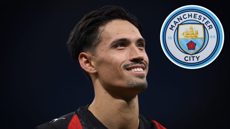 Image of Tijjani Reijnders of AC Milan reacting as he looks into the stands with inset of a detailed view of the Manchester City badge