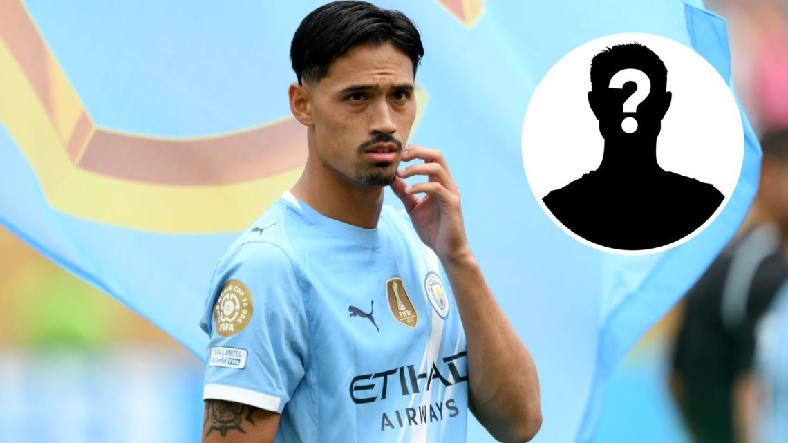Image of Tijjani Reijnders looking on before Manchester City against Wydad AC (main image) with mystery player inset (top right corner)