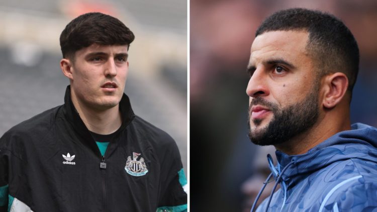 Split Image of Tino Livramento playing for Newcastle United during the Premier League match and Kyle Walker of Manchester City