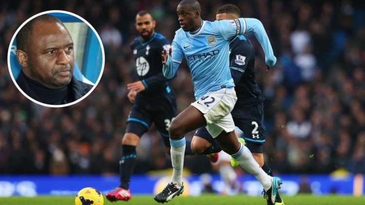 Yaya Toure of Manchester City running (main image) with inset of Patrick Vieira speaking to the press when he was managing Strasbourg (top left cor...
