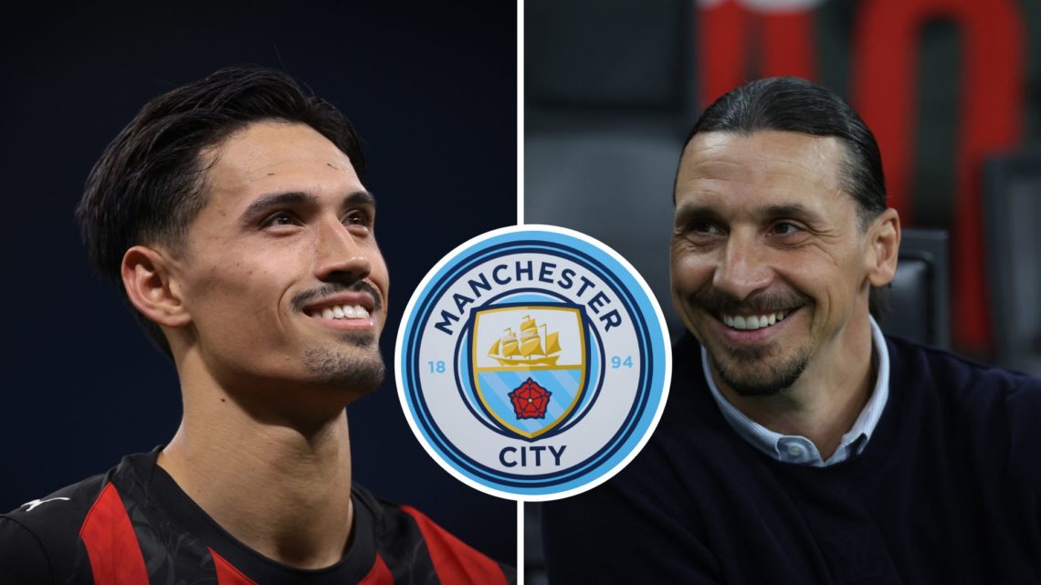 Split Image of Tijjani Reijnders of AC Milan reacting and Zlatan Ibrahimovic before the Serie A match against Lecce with inset of Manchester City b...