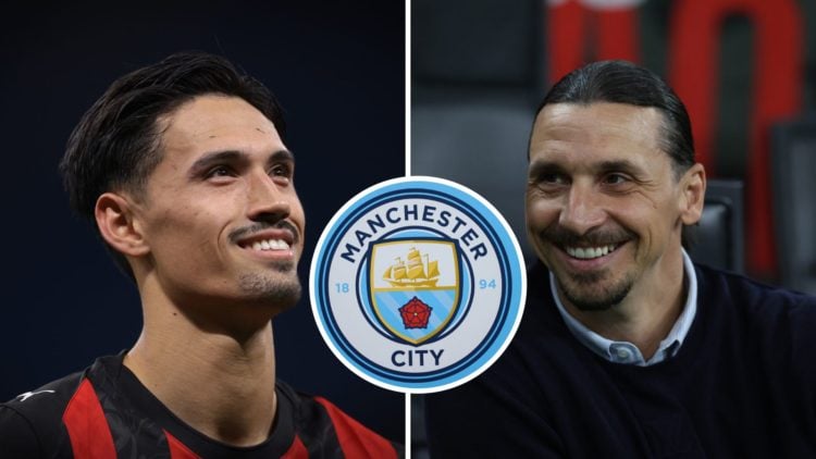Split Image of Tijjani Reijnders of AC Milan reacting and Zlatan Ibrahimovic before the Serie A match against Lecce with inset of Manchester City b...