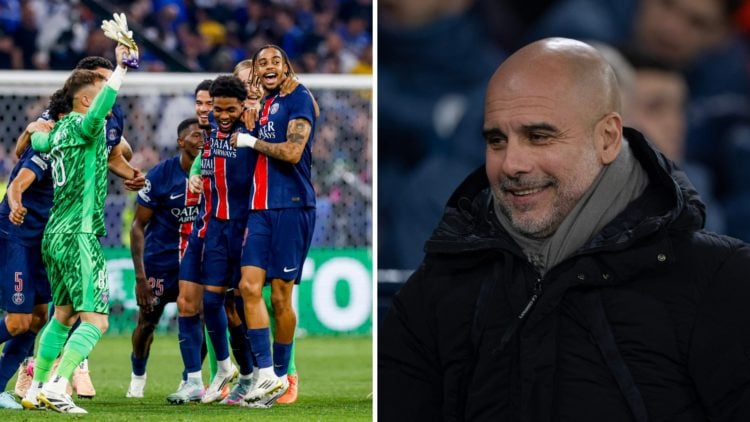 PSG players including Bradley Barcola celebrate (left), Manchester City manager Pep Guardiola looks on (right)