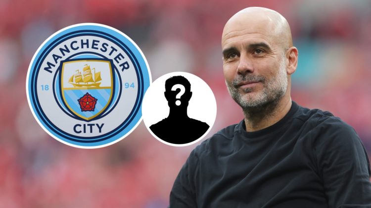 Pep Guardiola smiles after Nottingham Forest lose to Manchester City in the FA Cup semi-final at Wembley Stadium, Manchester City badge and mystery...