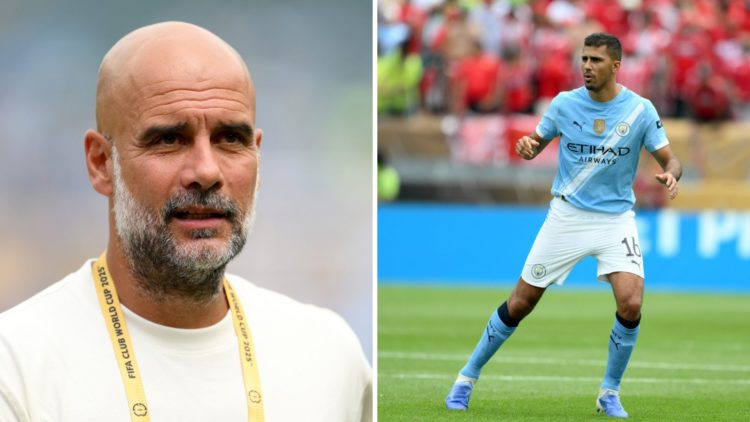 Split image - Close up of Pep Guardiola's face (left) Rodri in action for Man City (right)