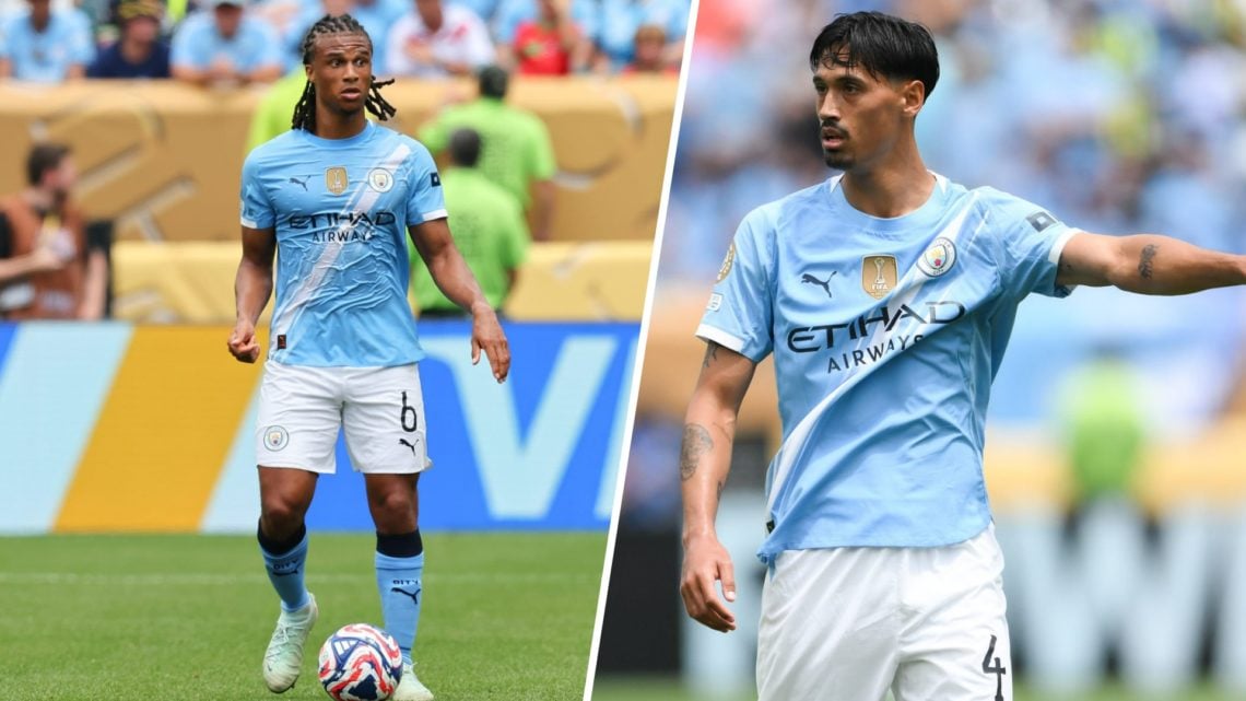 Split image - Nathan Ake with the ball at his feet for Man City (left) Tijjani Reijnders points during a Man City match (right)