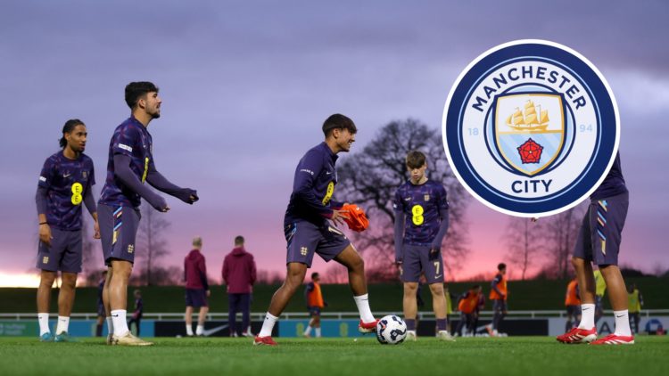 Fulham academy midfielder Seth Ridgeon with inset of Manchester City badge