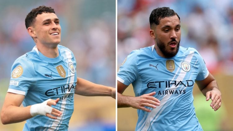 Split image of Phil Foden and Rayan Cherki playing for Manchester City