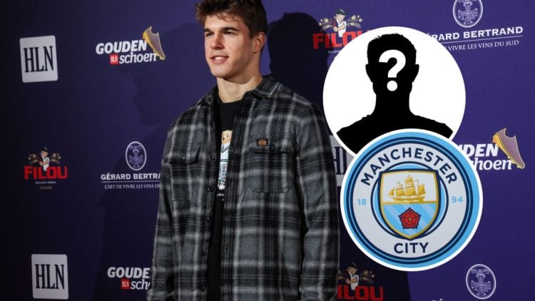 Tottenham Hotspur defender Luka Vuskovic with inset of Manchester City badge