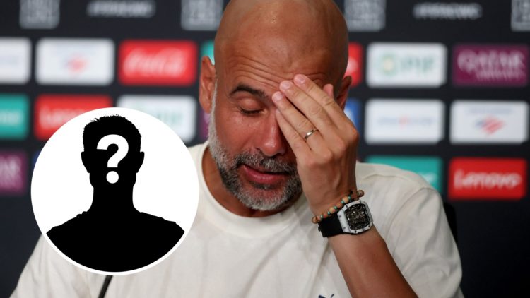 Pep Guardiola looks annoyed at a press conference (main image) mystery player inset (bottom left corner)