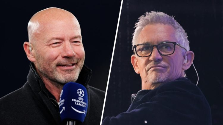 Split image - Alan Shearer speaking into a Champions League microphone (left) close up of Gary Lineker (right)