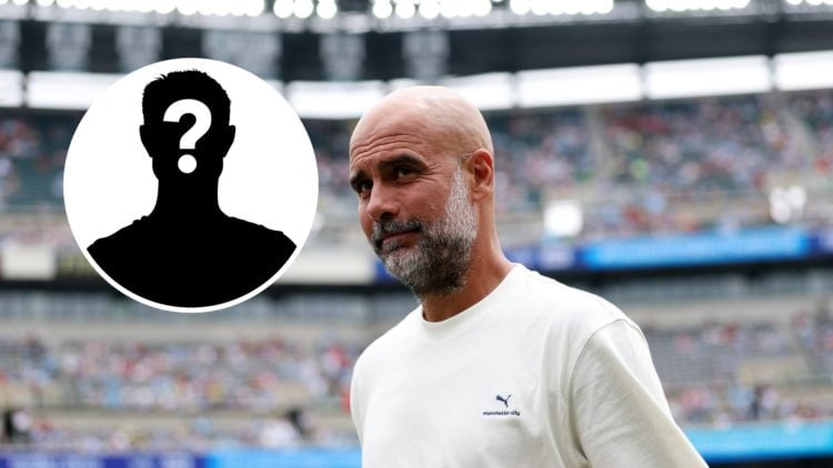 Man City boss Pep Guardiola with a smile on his face ahead of a match (main image) mystery player inset (top left corner)