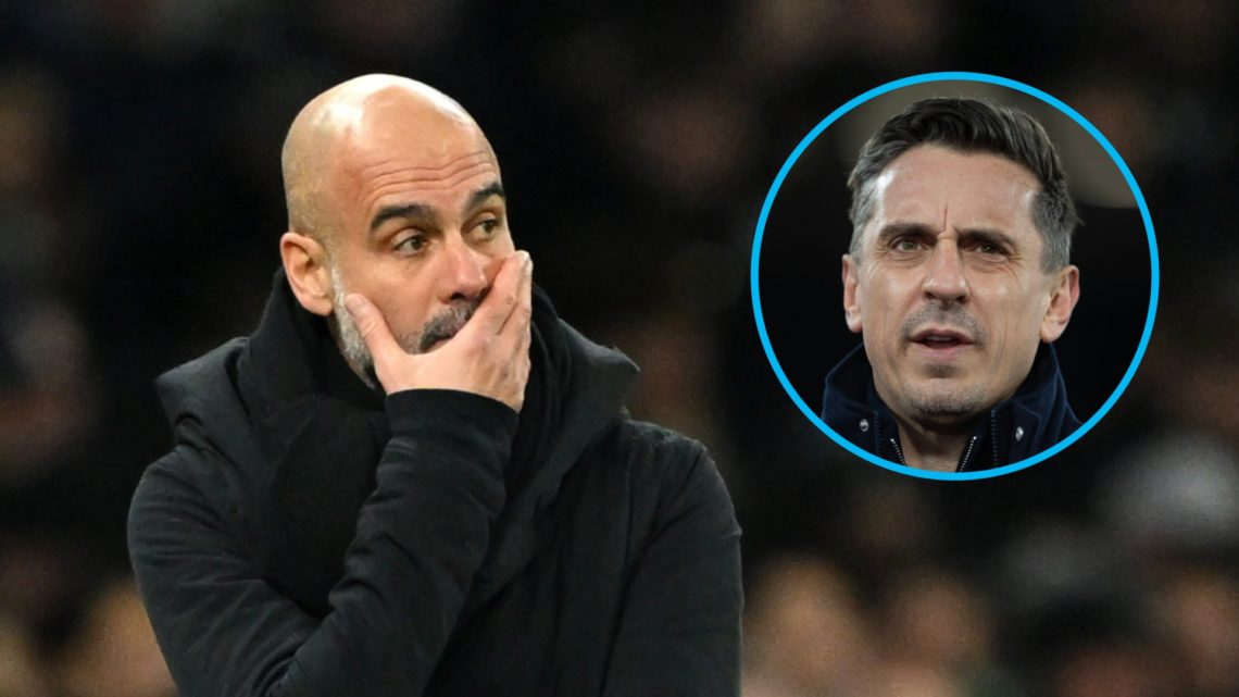 Manchester City manager Pep Guardiola looking concerned (left), Sky Sports pundit Gary Neville (inset)