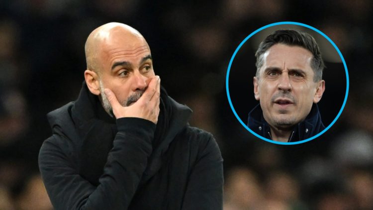 Manchester City manager Pep Guardiola looking concerned (left), Sky Sports pundit Gary Neville (inset)