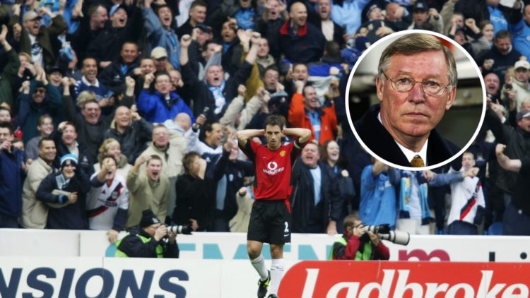 Manchester United defender Gary Neville during the Manchester City derby in November 2002 with inset of Sir Alex Ferguson