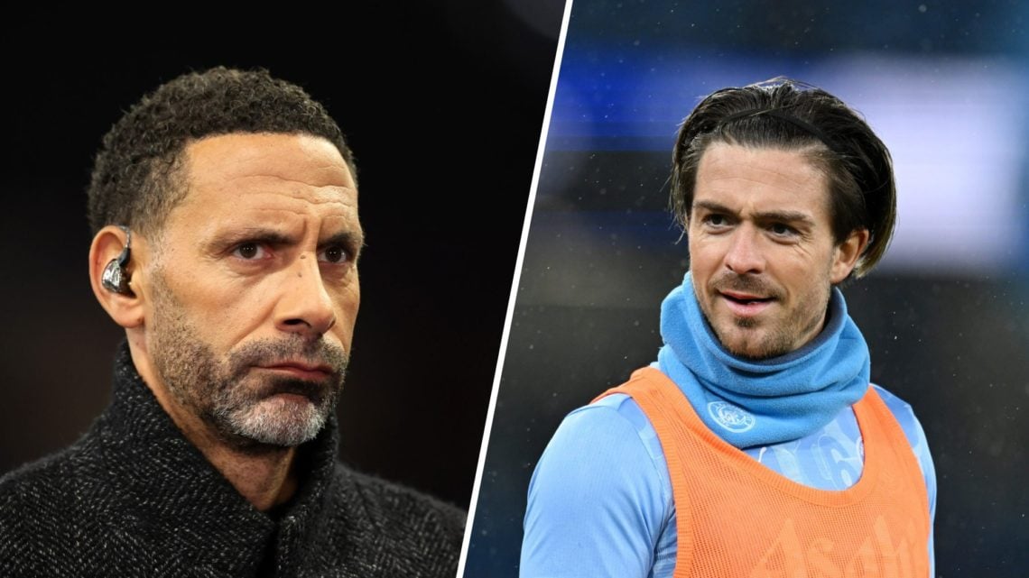 Split image - Rio Ferdinand working as a pundit (left) Jack Grealish warms up ahead of a Man City match (right)