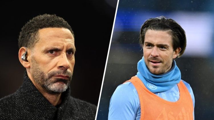 Split image - Rio Ferdinand working as a pundit (left) Jack Grealish warms up ahead of a Man City match (right)