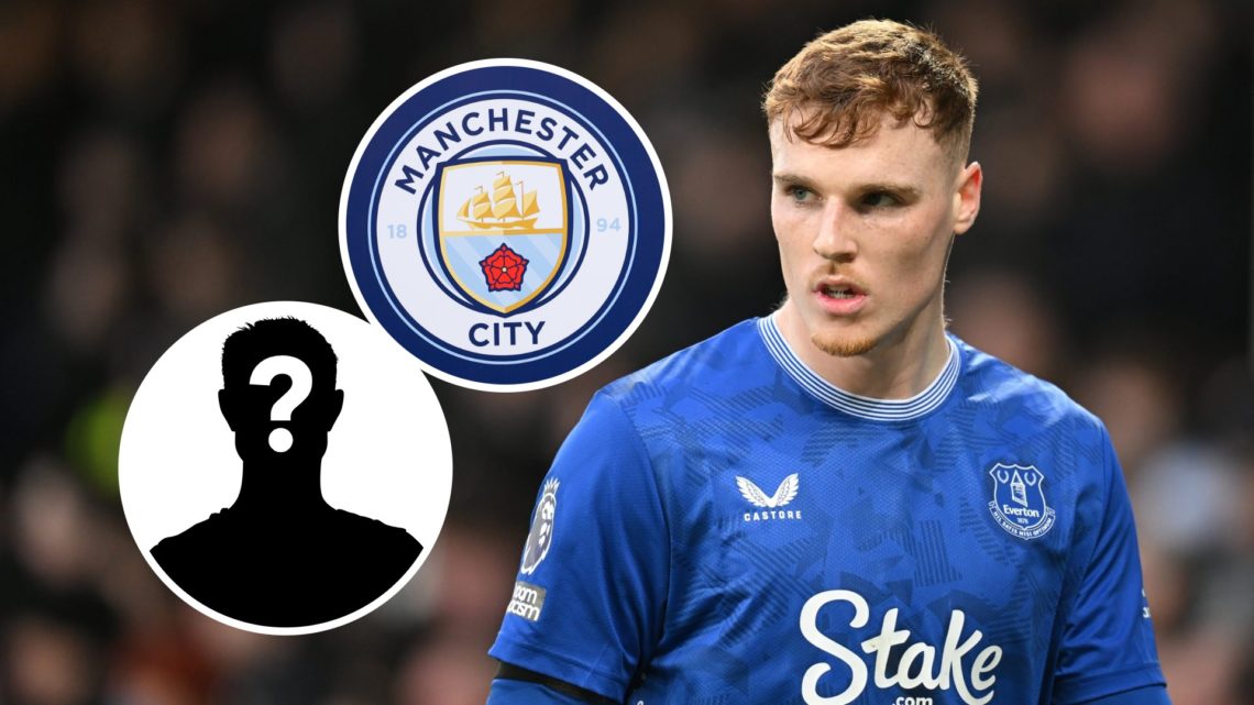 Everton defender Jake O'Brien with inset of Manchester City badge and mystery silhouette