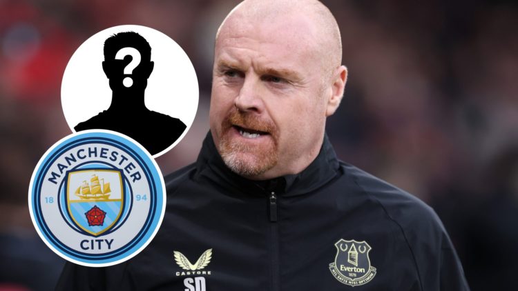 Sean Dyche with inset of Manchester City badge and mystery silhouette
