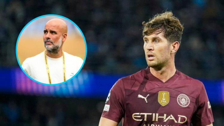 John Stones playing for Manchester City (right), Manchester City manager Pep Guardiola (inset)