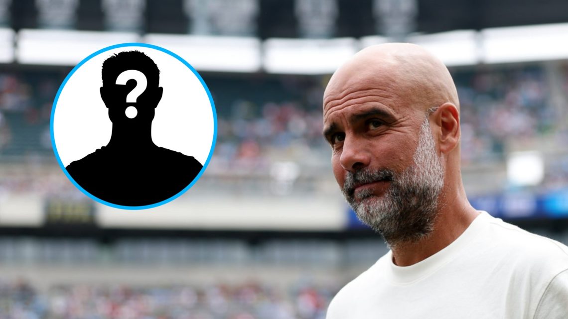 Manchester City manager Pep Guardiola looks on (left), mystery player (inset)