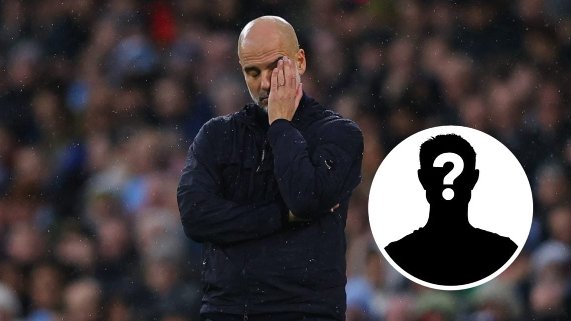 Pep Guardiola rubbing his face (main image) mystery player inset (bottom right corner)