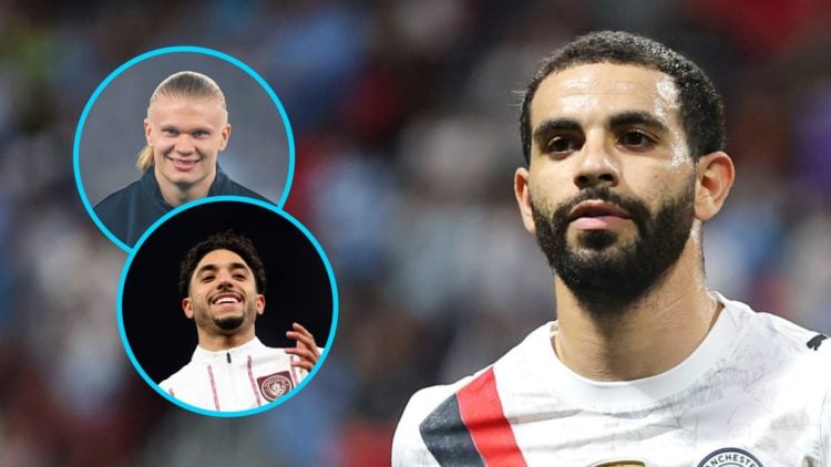 Rayan Ait-Nouri playing for Manchester City (right), Erling Haaland smiling for Manchester City (upper inset), Omar Marmoush smiling for Manchester...