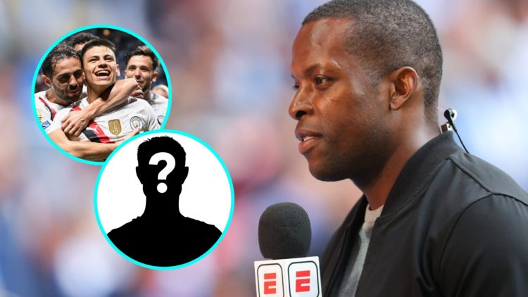 Nedum Onuoha holds a microphone. Insets: Claudio Echeverri celebrates his goal against Al Ain. Mystery figure.
