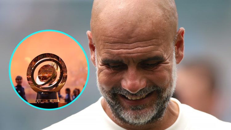 Close up of Pep Guardiola looking down and smiling. Inset: The FIFA Club World Cup trophy.