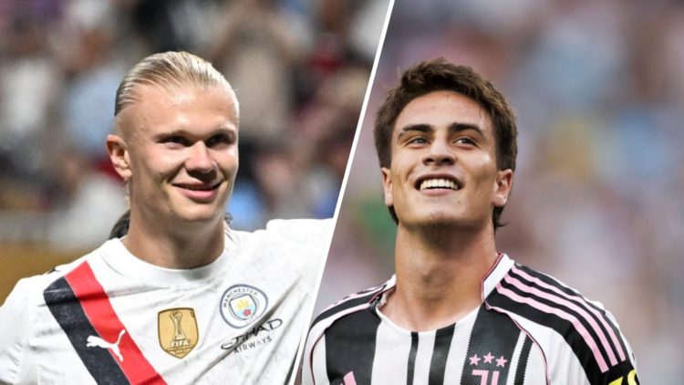 Split image: Erling Haaland smiles in celebration after scoring vs Al Ain (L). Juventus star Kenan Yildiz celebrates. (R)