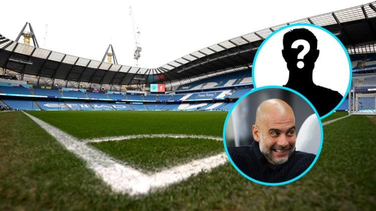 A general view of the Etihad Stadium (central), Manchester City manager Pep Guardiola laughing (lower inset), mystery player (upper inset)